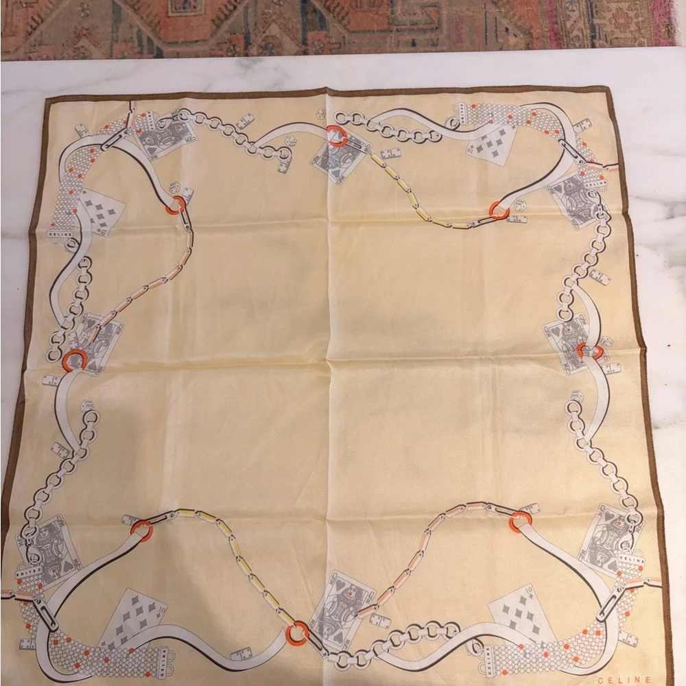Celine Beige and Orange Silk Scarf with Chain Cards Motif